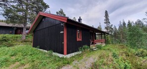 Eine schwarze Holzhütte mit rotem Dach und einer kleinen Veranda, umgeben von viel Grün.
