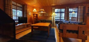 Tunnelmallinen mökin sisustus, jossa on puinen ruokapöytä, sohva ja televisio.