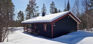 Mökki, jossa on puinen kuisti, lumipeitteinen katto ja kirkas taivas.