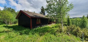 Eine rustikale Holzhütte mit geneigtem Dach, umgeben von üppiger Vegetation und Bäumen.