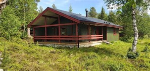 Eine Hütte mit geneigtem Dach, großen Fenstern und einem Schornstein.