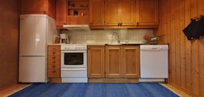 A compact kitchen with wooden cabinets, a white refrigerator, an oven, a dishwasher, and a blue rug.