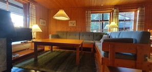 Ein Holzinnenraum mit einer Couch, einem Tisch und einem Fernseher.
