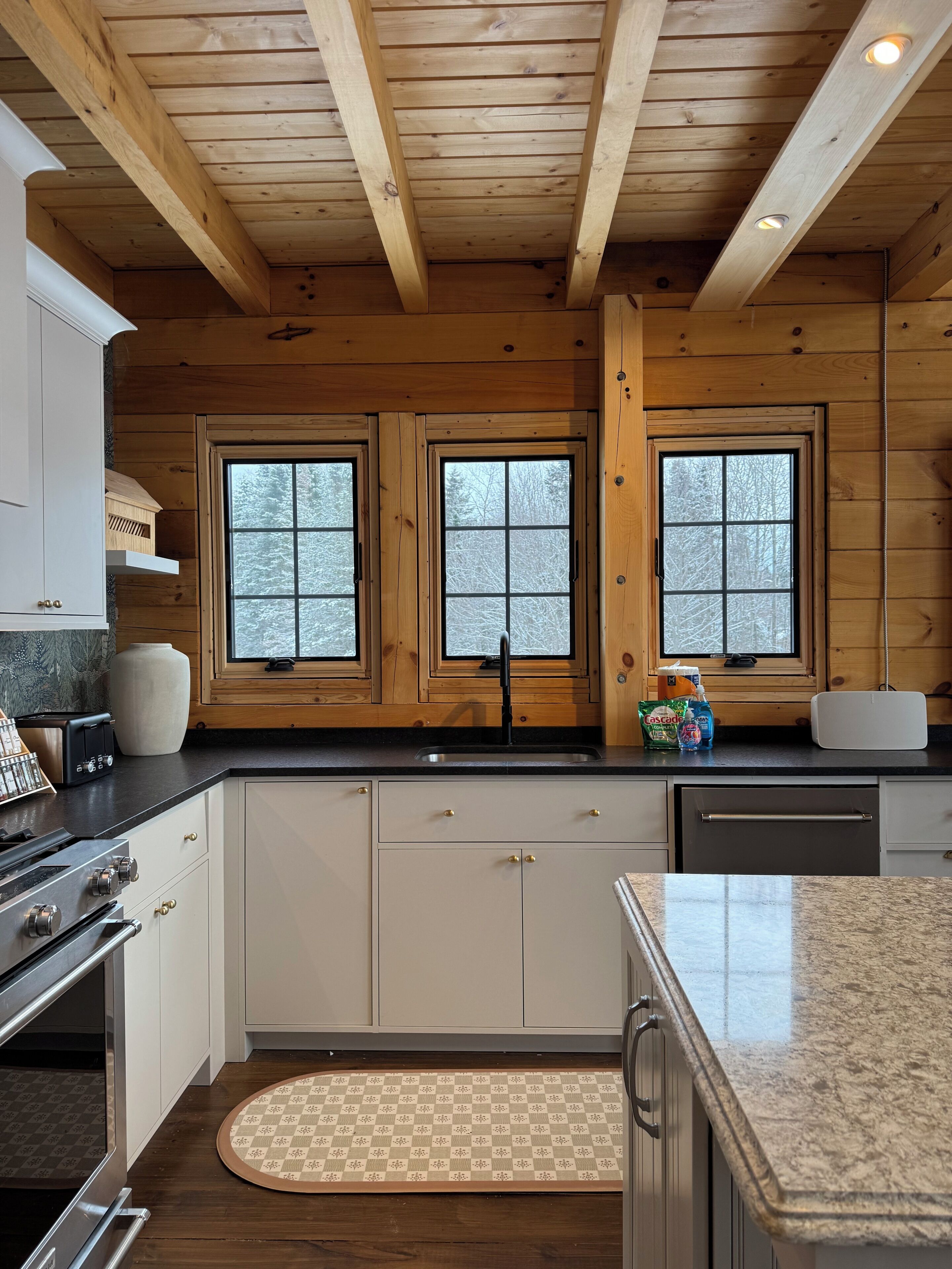 L’intérieur d’une cabane en bois comprend une cuisine, deux fenêtres, un évier et un poêle.