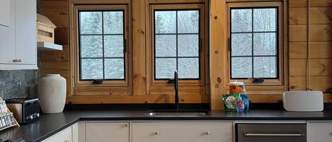 L’intérieur d’une cabane en bois comprend une cuisine, deux fenêtres, un évier et un poêle.