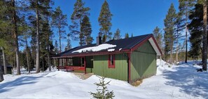 A cabin with a red door and green siding, surrounded by snow and tall pine trees.