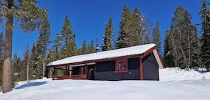 Eine Hütte mit schneebedecktem Dach, umgeben von hohen Kiefern.