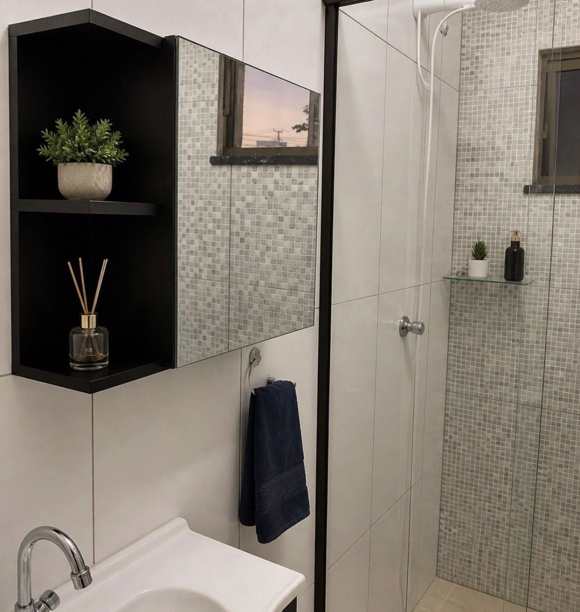 Shower, towels, soap, toilet paper