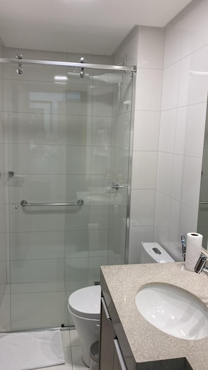 Shower, towels, soap, toilet paper
