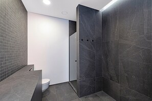 Et moderne badeværelse med bruser, toilet og flisebeklædt væg.
