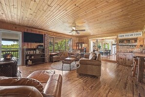 TV, fireplace, books