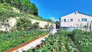 Ein Wohngebäude mit Garten, einer Steinmauer und blauem Himmel.