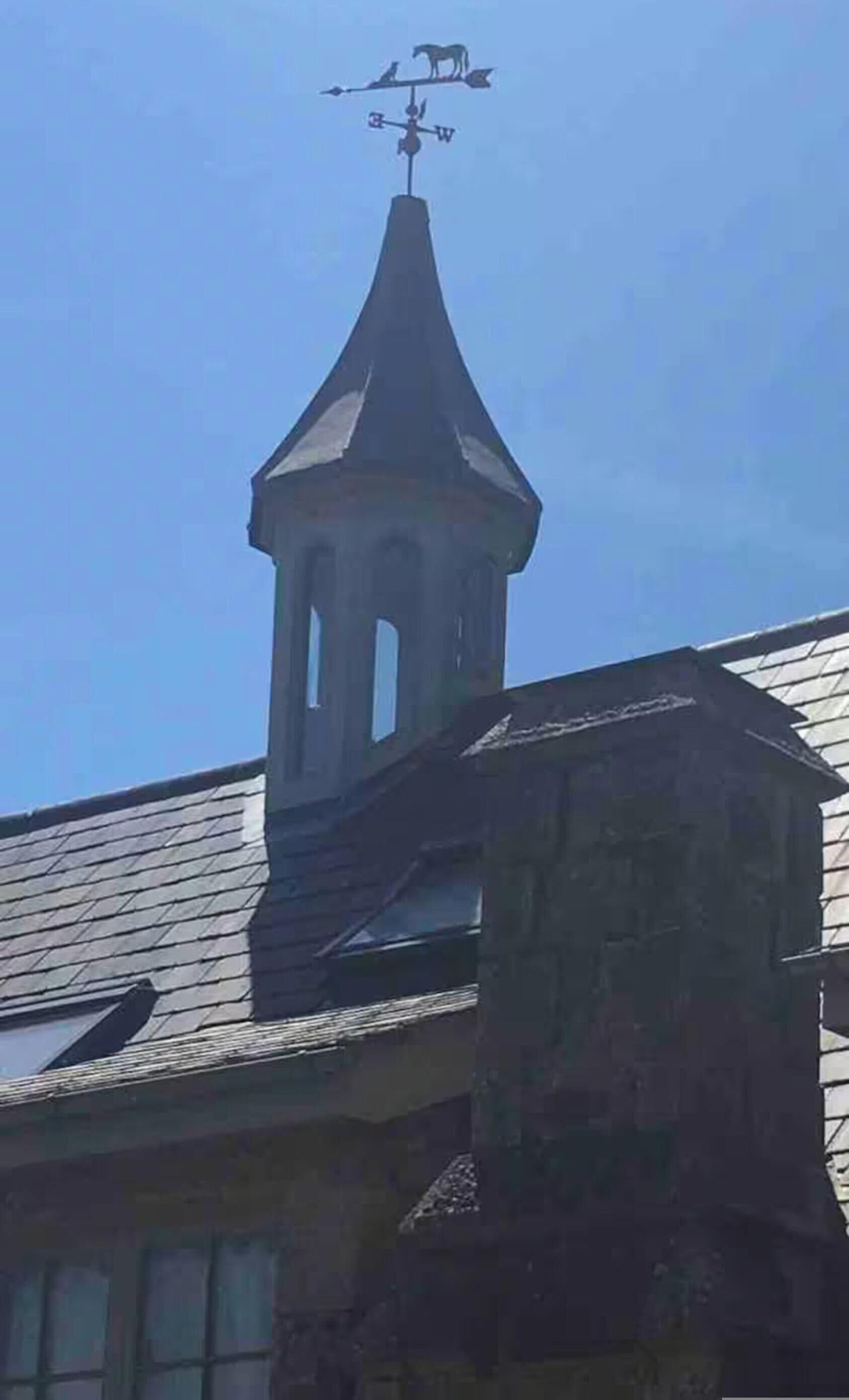 A building with a weather vane on top and a tower with arched windows.