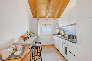 A kitchen with white cabinets, a wooden ceiling, a window, and a countertop with a pot and a kettle. - Agra Apartment (Lugano), Agra -Lugano, Switzerland (Agra -Lugano)