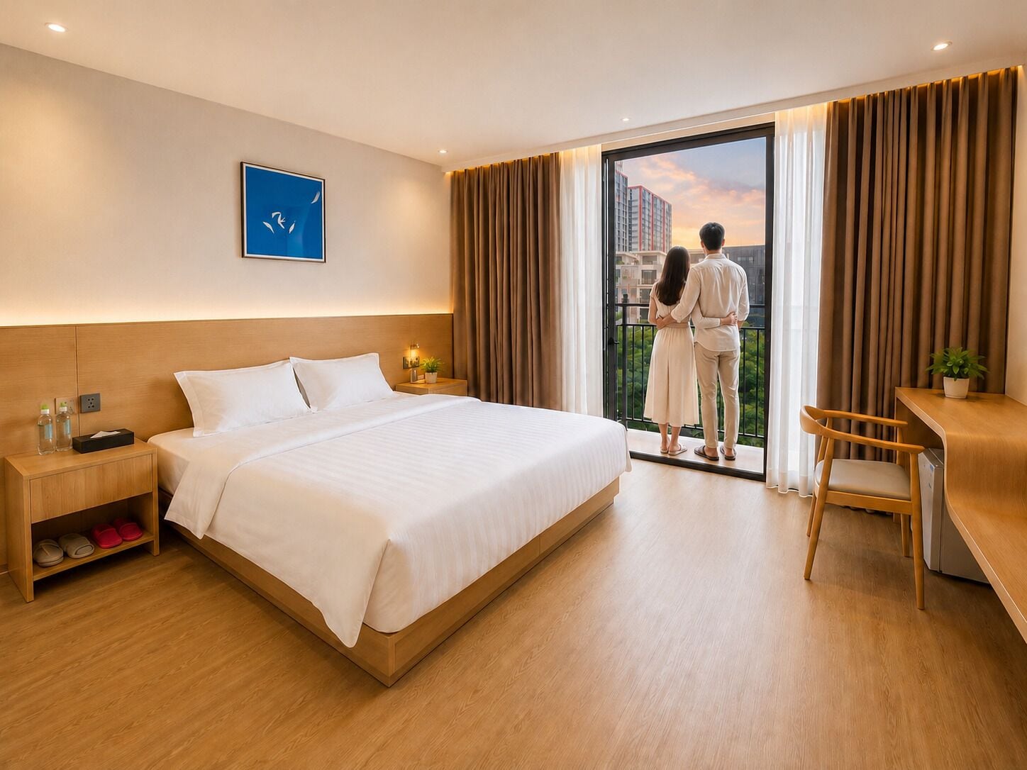 A hotel room with a bed, a desk, a chair, a nightstand, and a view of a cityscape through a large window.