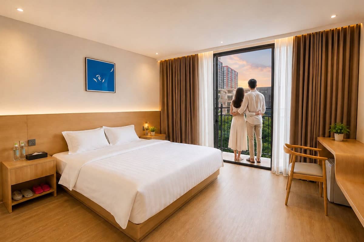 A hotel room with a bed, a desk, a chair, a nightstand, and a view of a cityscape through a large window.
