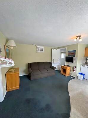 A living room with a sofa, a lamp, a television, a small wooden cabinet, and a kitchenette area.