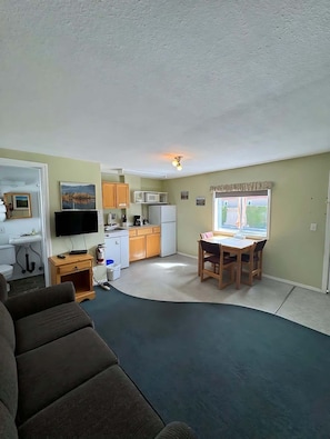 Un espacio habitable compacto con kitchenette, comedor y zona de estar.