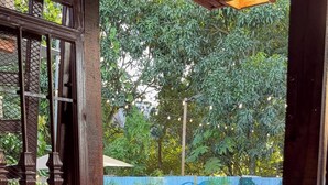 An outdoor area with a swimming pool, a mural, and a wooden gate. - Fresh country air, tranquility, pool, and BBQ—pets welcome. (Bonao)