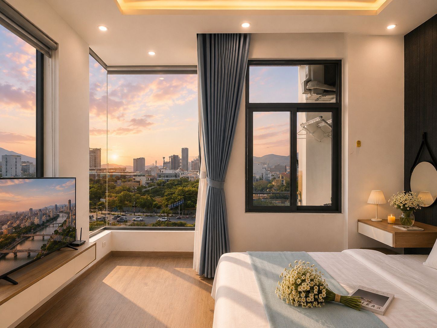 A modern hotel room with a large bed, a television, a window with a city view, and a bedside table with a lamp and flowers.