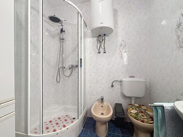 Ett badrum med en dusch som är avskärmad med glasväggar, en bidé och en toalett.