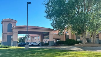 A building with a flat roof, a large tree in front, and a clear blue sky.