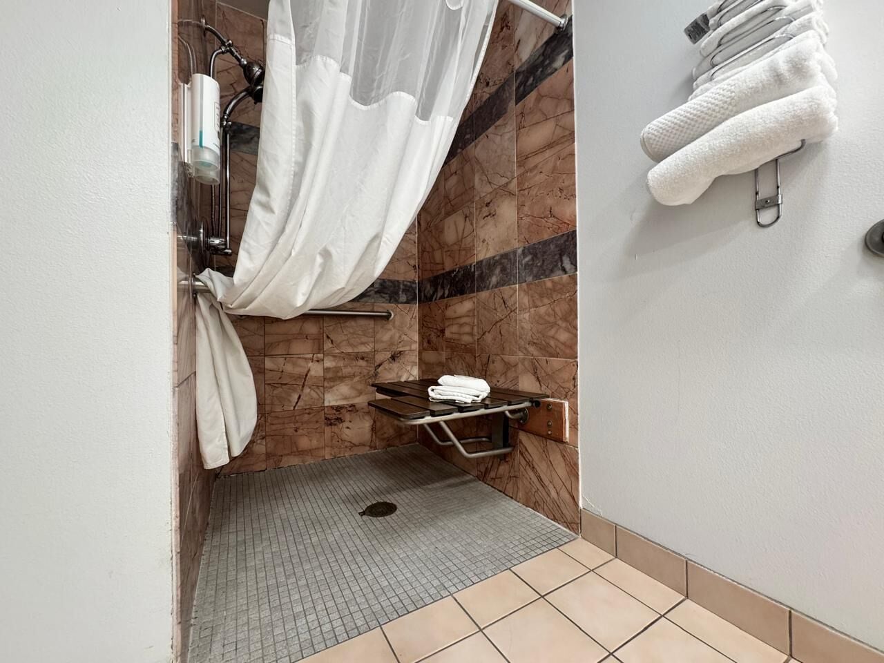 A shower area with a glass door, a towel rack, and a shelf unit.