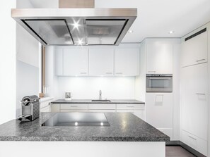 A modern kitchen with a granite countertop, stainless steel appliances, and white cabinetry. - Panorama Salums by Interhome (Laax)