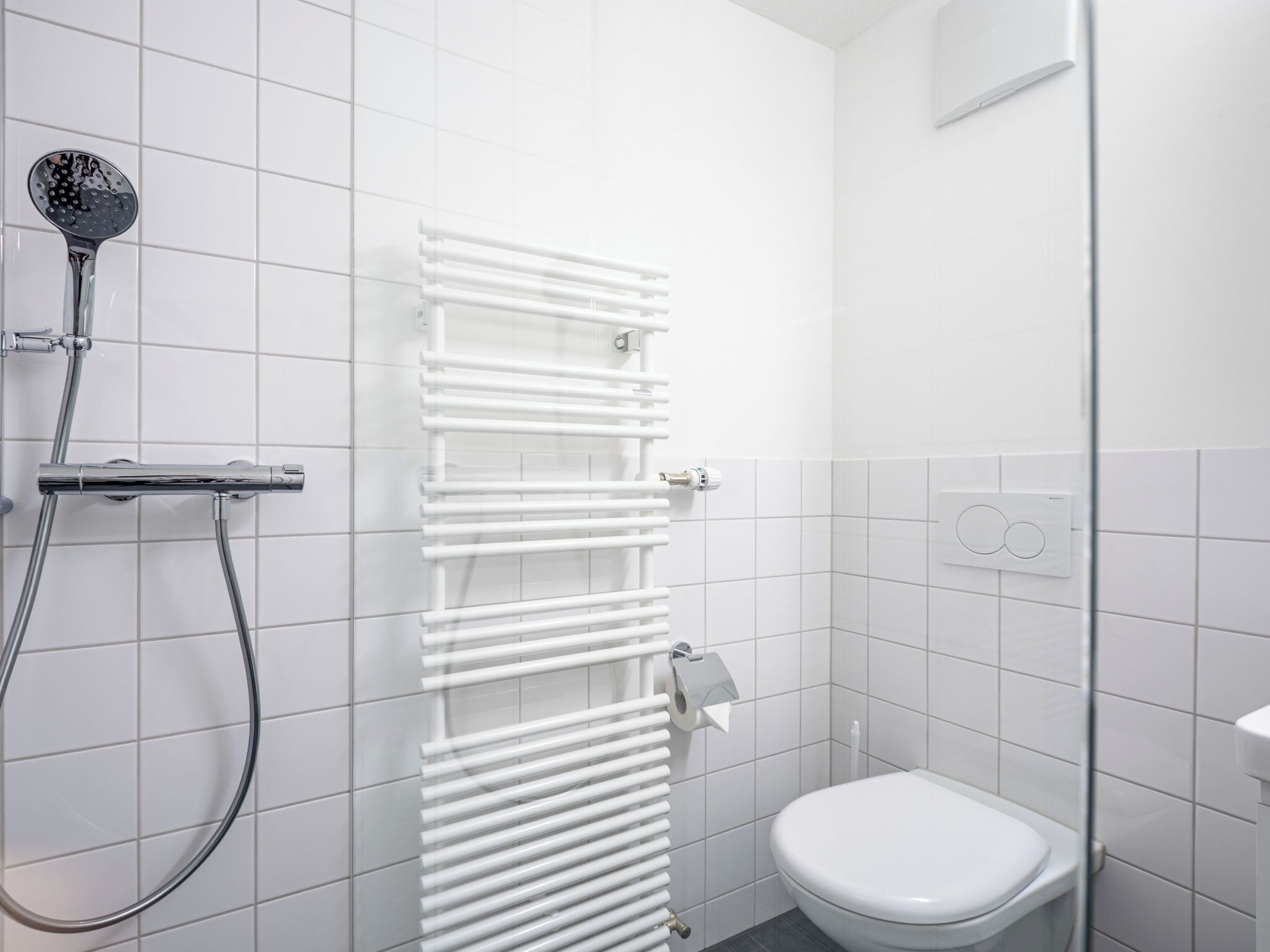 Een badkamer met een wit toilet, een douche met een handdouche en een handdoekrek.