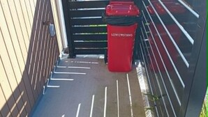 Un estrecho sendero al aire libre con una reja metálica, un bote de basura rojo con la etiqueta 'LOW COSTENS' y una valla de madera a un lado.