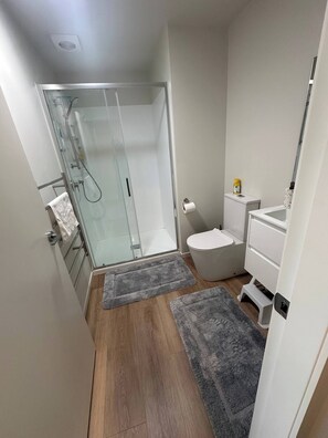 A modern bathroom with a glass shower enclosure, a toilet, and a sink. - Affordable Room - Comes With Entire House (Upper Hutt)