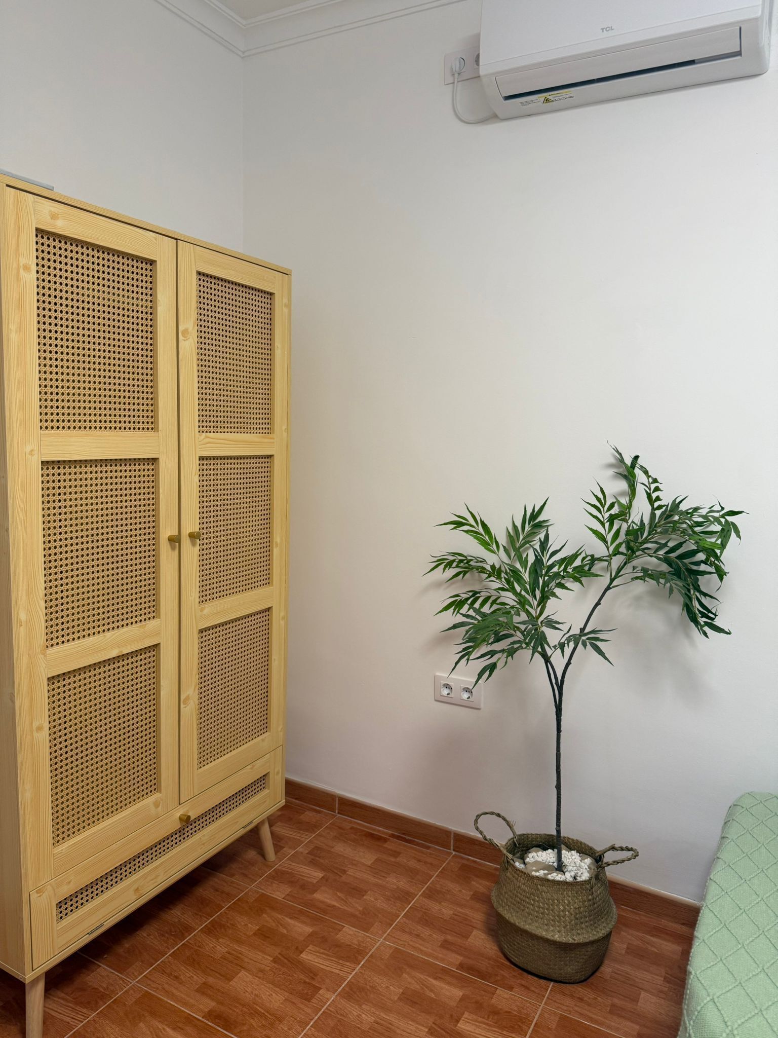 A room with a wooden wardrobe, a potted plant, and a bed.