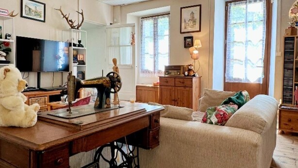 Un salon chaleureux avec une machine à coudre ancienne, un canapé et un téléviseur.