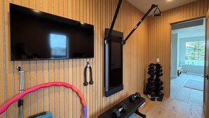 A gym with exercise equipment, a TV, and a view of a bathroom. - Sawtooth Sunsets in Stanley, Idaho (Stanley)