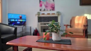 Una mesa de madera con una planta en maceta, una vela roja y un televisor al fondo.