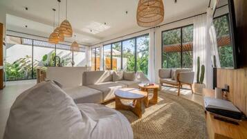 Luxury Villa, 2 Bedrooms, Private Pool | Living area | 50-inch Smart TV with digital channels