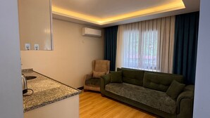 Sala de estar con sofá, una silla, una pequeña kitchenette y una ventana con cortinas.
