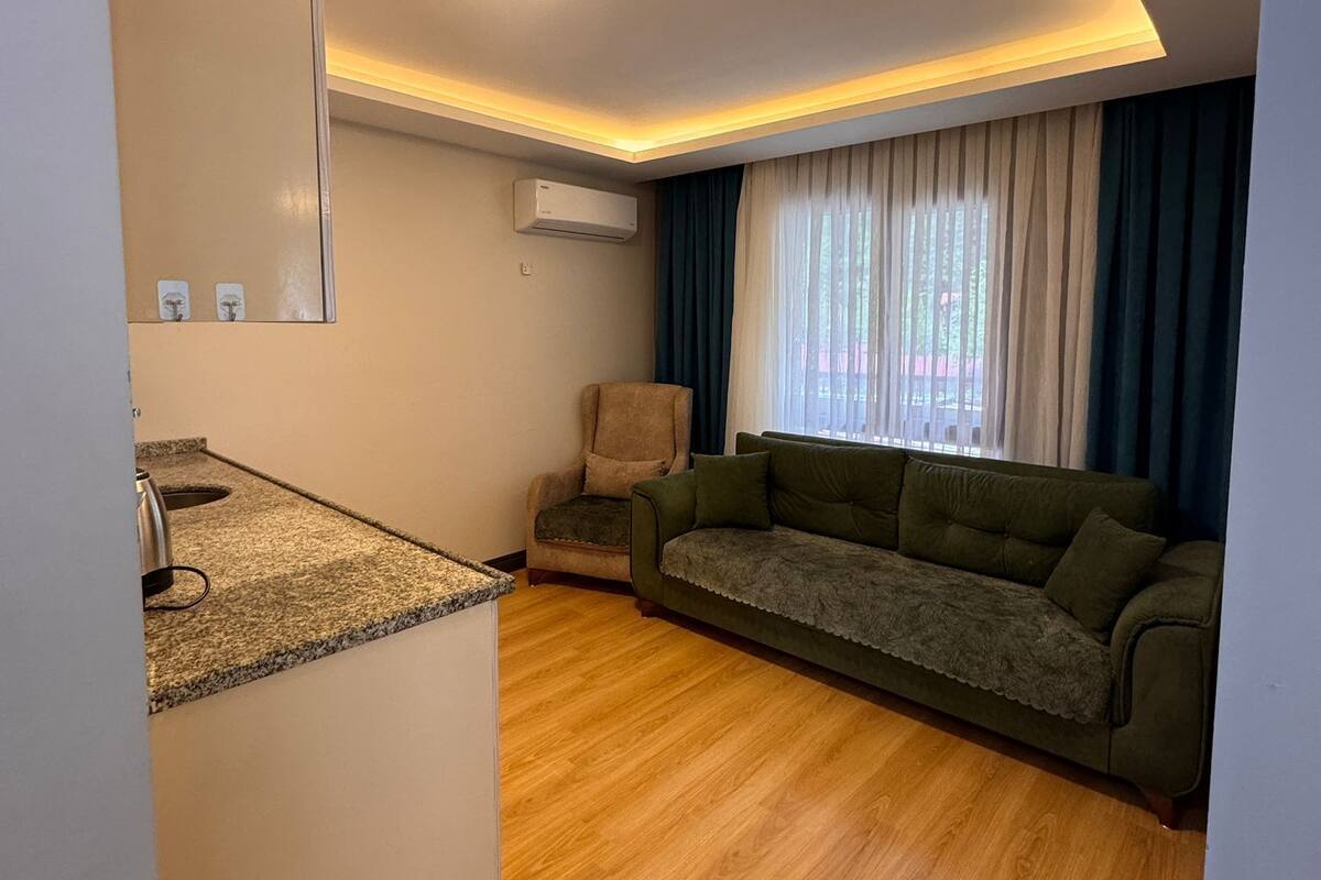 A living room with a sofa, a chair, a small kitchenette, and a window with curtains.