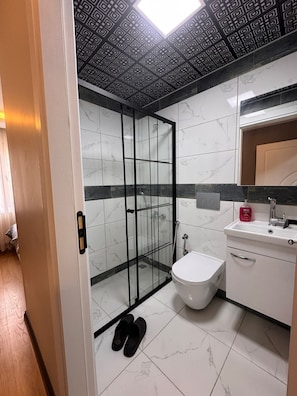 A bathroom with a glass-enclosed shower, a toilet, a sink, and a mirror.