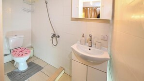 Un baño con inodoro, ducha, lavamanos y un espejo sobre el lavamanos.