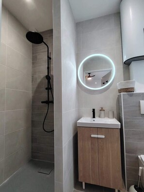 Un bagno con doccia, lavabo con specchio e servizi igienici.