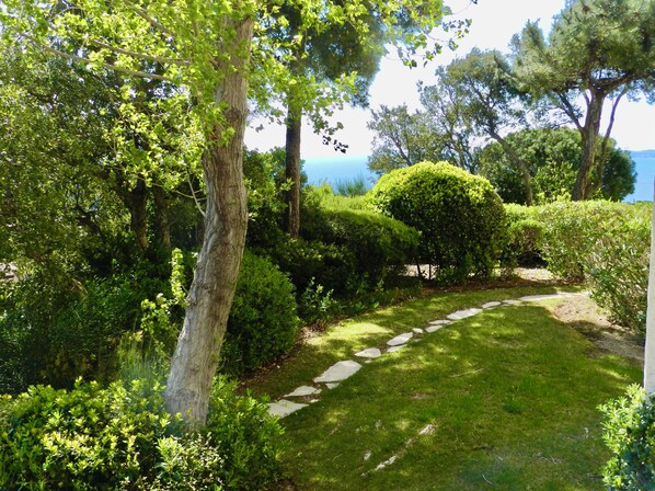 Un jardin avec un sentier en pierre, une végétation luxuriante et une vue sur la mer.