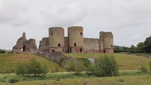 Un castillo histórico con múltiples torres y ruinas, rodeado por un paisaje cubierto de césped.
