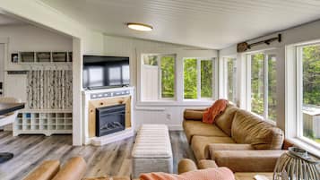 TV, fireplace, books