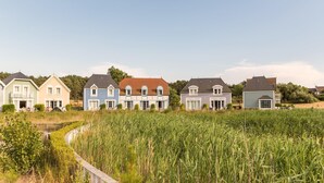 Eine Reihe von Häusern mit einem Weg, der durch ein Feld führt.