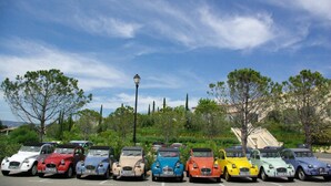 A row of vintage cars parked in a lot with trees and a clear sky in the background. - Retreat with Shared Heated Pools (Mallemort)
