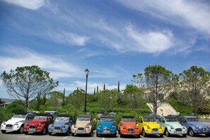 Une rangée de voitures anciennes est garée sur un parking bordé d’arbres, avec un ciel dégagé en arrière-plan.