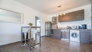 A modern kitchen with a built-in oven, a washing machine, and a coffee maker. - Corsican Flat with Pergola (Porto-Vecchio)