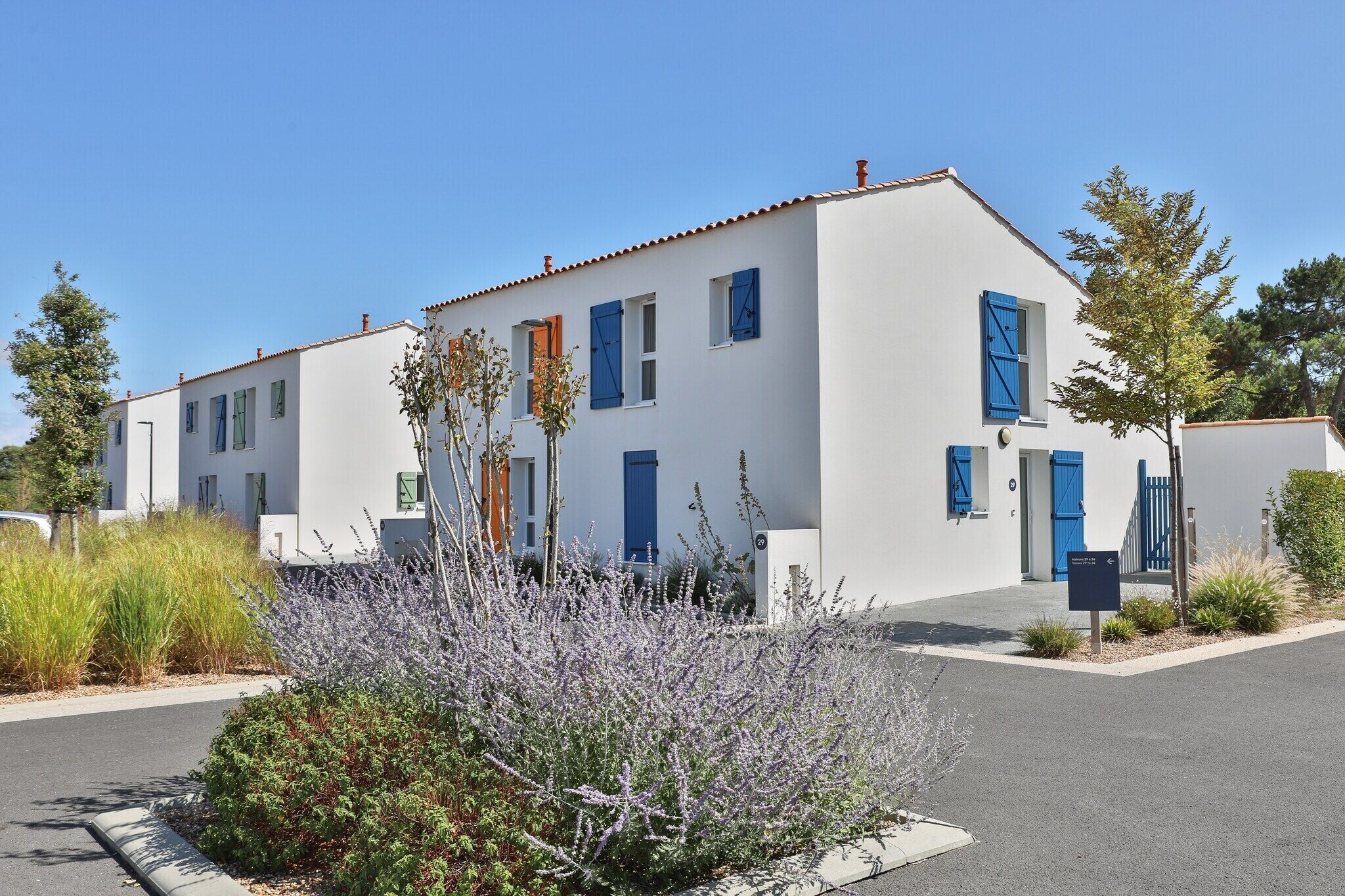 A modern building with white walls and blue shutters, surrounded by landscaped areas with various plants.
