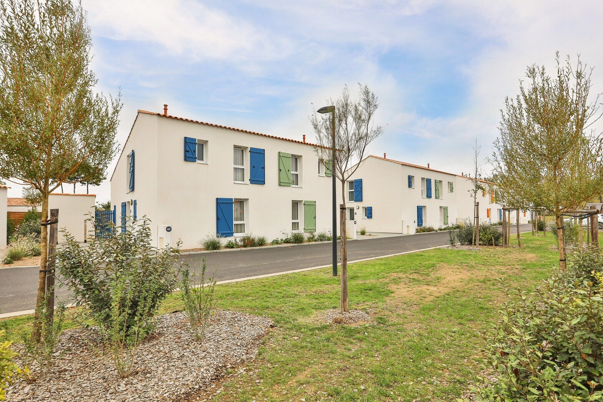 A residential building with multiple windows, a paved road in front, and a grassy area with small plants.